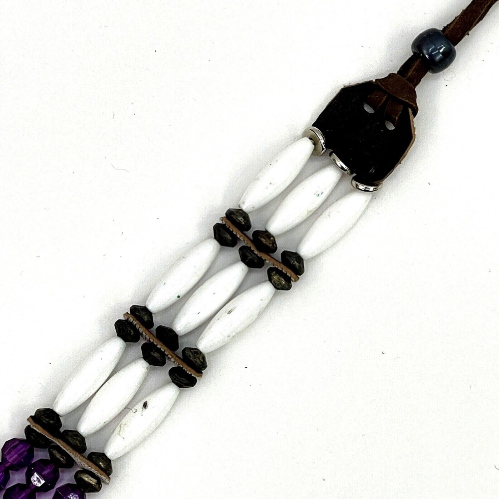 Handmade Beaded & Soft Leather Choker Necklace Purple White Diamond Design - Picture 4 of 12